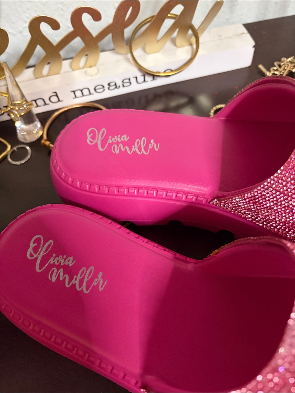 Olivia Miller Hot Pink Crystal Slide Sandals - Picture 2 of 7